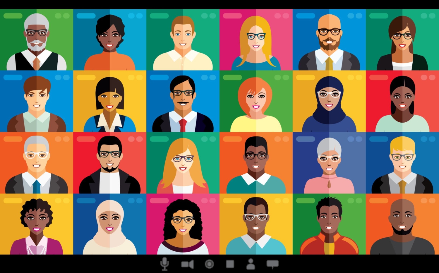 Video conference. Vector illustration of people with different characteristics. Each character is individual. Virtual event